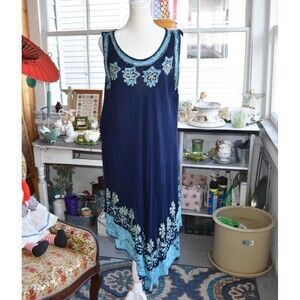 Vintage Y2K Lagenlook Rayon Blue Embroidered Swing Dress OSFM Boho Art